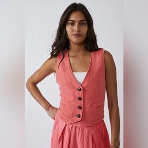 Free People Linen Coral Sleeveless Buttoned Vest